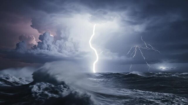Stormy ocean with lightning for environmental projects, nature documentaries, and commercials