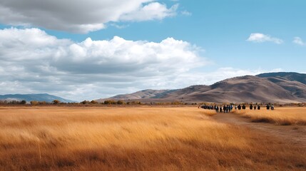 Obraz premium A vast golden prairie stretches toward rolling mountains under a dramatic blue sky dotted with white clouds