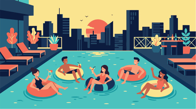 ROOFTOP POOL PARTY WITH FRIENDS AT SUNSET IN URBAN CITY