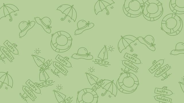 Video sequence of cheerful summer doodle patterns on beach themed background.