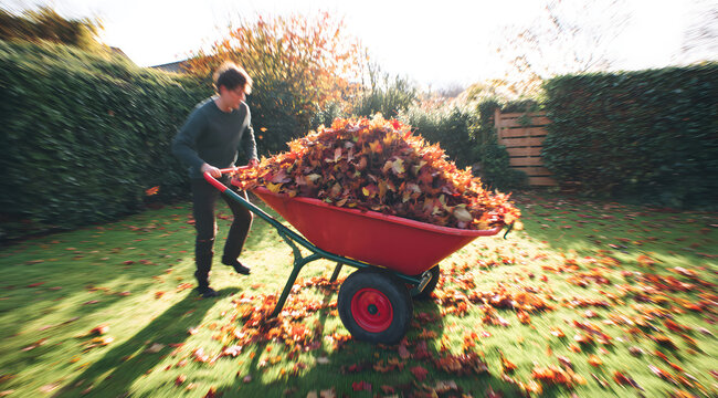 Gardener raking fallen leaves with wheelbarrow in autumn yard