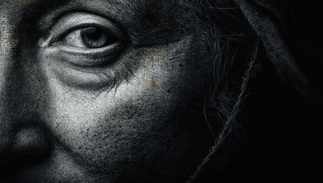 A striking black and white portrait focuses on a weathered face and piercing eye, conveying a sense of age, experience, and quiet intensity.