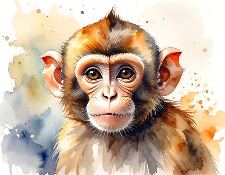 Watercolor portrait of a curious primate, with expressive eyes and textured fur detail