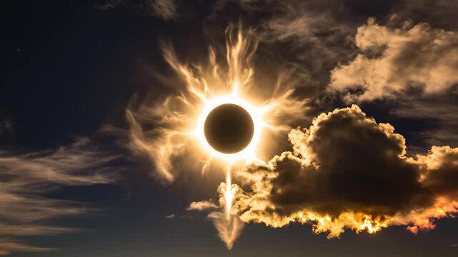 Solar eclipse with corona and clouds for tech concepts, digital marketing, and scientific projects