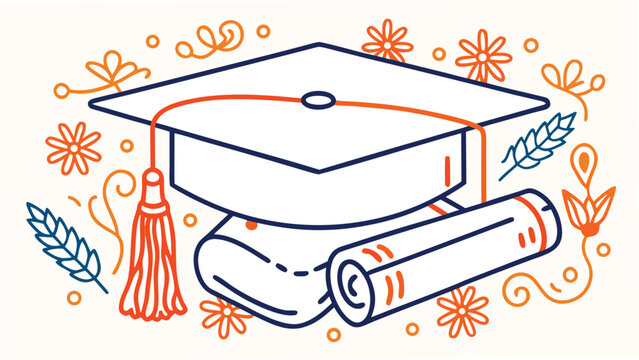 Ornate line art illustration of graduation cap and diploma surrounded by floral decorations