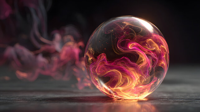 Glass sphere filling with colorful swirling smoke in large scale 3d pyro simulation render