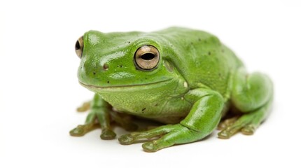 Fototapeta premium Green Frog Sitting on White Surface with Smooth Skin and Prominent Eyes