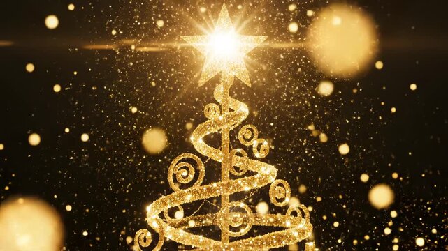 Golden Christmas tree with star and sparkles for commercial backgrounds, digital design, and advertising