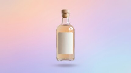 Naklejka premium Clear glass bottle with blank label and cork on pastel gradient