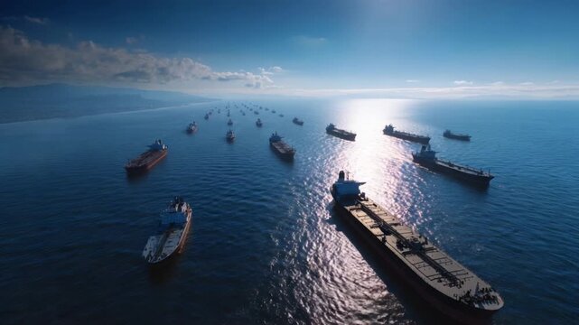 Aerial view of many cargo ships sailing in open ocean. Sun glares across water, highlighting vessels. Calm sea reflects blue sky and clouds. Ideal for shipping, logistics, or global trade themes