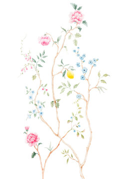 Vintage Chinoiserie Botanical Branches Lemon Tree Flowers Individual Elements Set