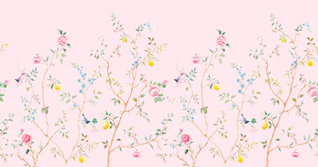 Fototapeta na wymiar Seamless Chinoiserie Floral Pattern Birds Lemon Tree Vintage Botanical Wallpaper Luxury Design