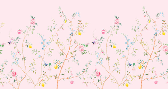 Seamless Chinoiserie Floral Pattern Birds Lemon Tree Vintage Botanical Wallpaper Luxury Design
