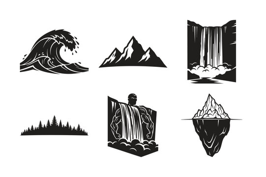 Silhouette set bundle of nature elements featuring mountains water.