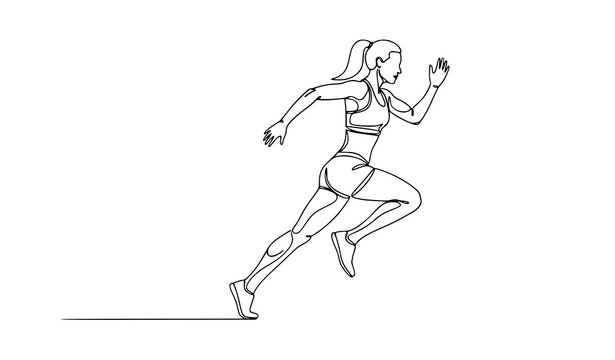 One line drawing of female runner sprinting side view elegant fitness motion outline vector illustration