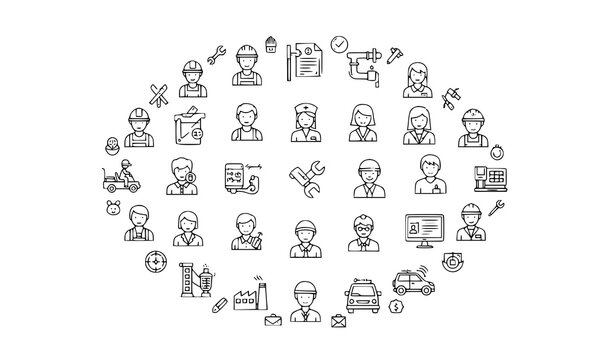 Modern circular worker line icons with professions tools and occupation symbols editable stroke vector set