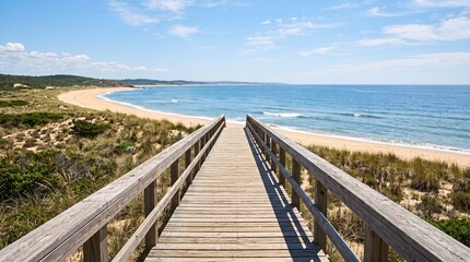 Naklejka premium Calm wooden boardwalk leading to ocean beach coastal vacation background