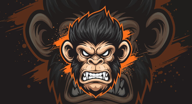 Illustration of a cartoon gorilla head with an aggressive expression and orange accents on a black background.