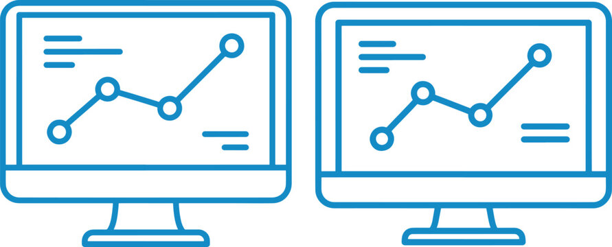 Two blue computer monitor graph chart icons