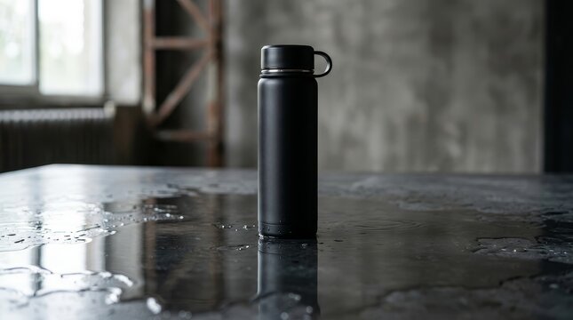 Black thermos bottle on wet reflective surface