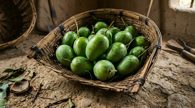 Freshly harvested raw green mangoes in a traditional handmade winnowing basket on mud ground