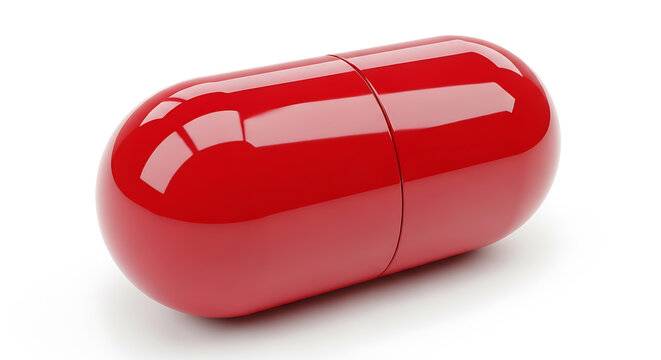 A large red shiny capsule or pill on a white background closeup