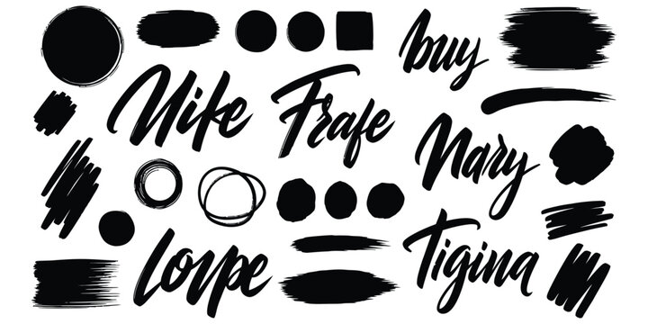 Collection of black brush strokes text and abstract shapes on white background