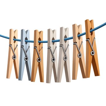 Wooden and metallic clips on a blue rope against a white background
