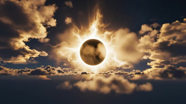 Solar eclipse with corona and clouds for tech concepts, digital marketing, and scientific projects