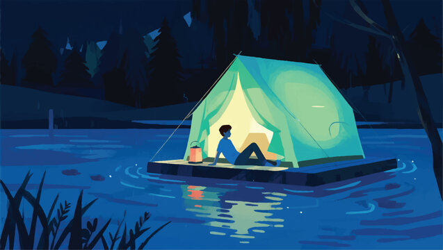 Illustration Of People Resting In A Floating Tent On A Lake Vector Design Template