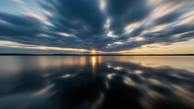 Serene sunset reflection on calm water under dramatic clouds  