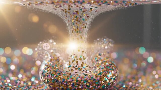 Vibrant colorful particles pour down from above and accumulate in a pile on the ground with a bright light shining through them in a dark room