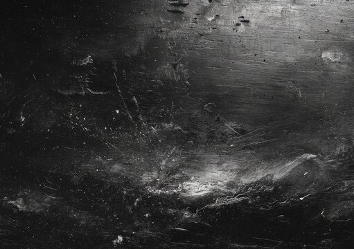 A monochrome abstract image showcases a textured surface with a complex interplay of light and shadow, evoking a sense of weathered materiality and subtle depth.