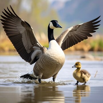 Goose spreads wings near gosling in shallow water, autumn foliage background