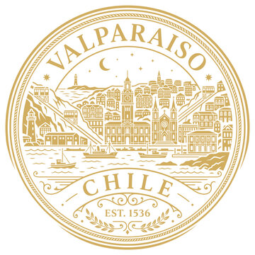 Valparaiso Chile city seal with hills and port gold line art vector illustration