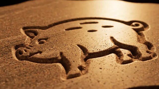 Pig Icon Etched Into Textured Sandstone Surface