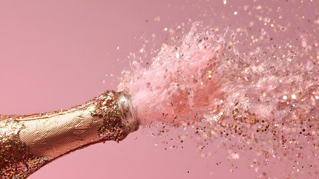 Pink glitter and foam exploding from uncorked champagne bottle