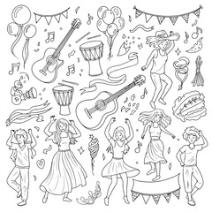 Obraz premium People dancing celebrating with guitars drums balloons and festive banners at outdoor party or festival with music notes.