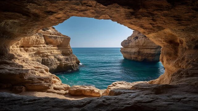 View from a cave to the ocean with clear blue skies and rock formations