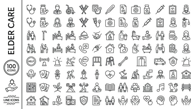 A collection of line icons related to elder care and healthcare services. AI, eps, png, jpg. transparent background.