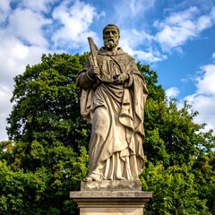 Obraz premium Stone statue of a bearded man holding a scroll, set against a backdrop of trees and sky