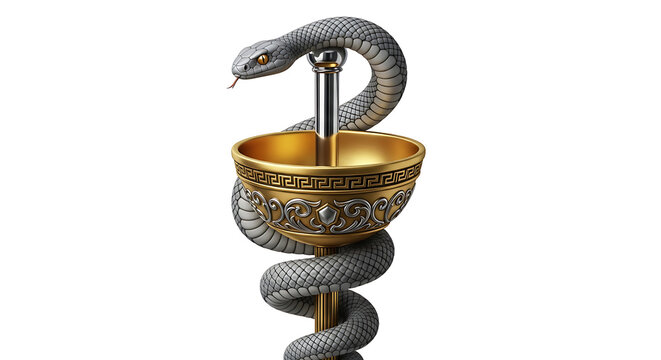 A snake wrapped around a golden ornate bowl with a pole in the center