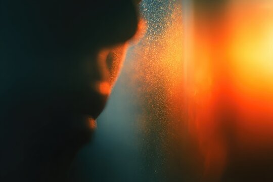 A striking profile silhouette is partially dissolving into a vibrant, warm-toned burst of light and particles.