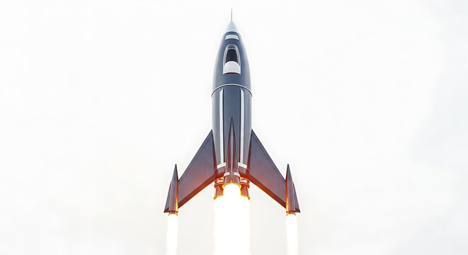 A sleek silver rocket ship blasts off into the clear sky with flames