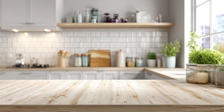 A bright and modern kitchen interior showcases a light wooden countertop with potted herbs and a blurred background of white tiled walls and cabinetry.