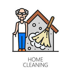 Fototapeta premium Elderly care service home cleaning color line icon. Elderly help service sign, senior nursing center vector icon. Older person social support and care pictogram with elderly man, broom cleaning dust