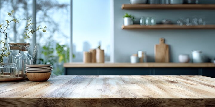 A modern kitchen interior showcases a wooden countertop adorned with decorative objects, with shelves displaying glassware and a blurred cityscape visible through a large window.