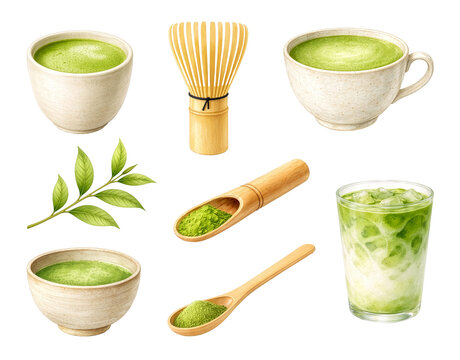 和風水彩手描き抹茶セット 茶碗 茶筅 茶杓 アイス抹茶 緑茶イラスト	

