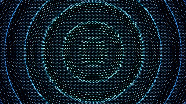 Abstract blue glowing particle sphere on black background. 3D render of circular dot grid forming concentric wave pattern. Futuristic digital technology concept for science, AI, and data visualization