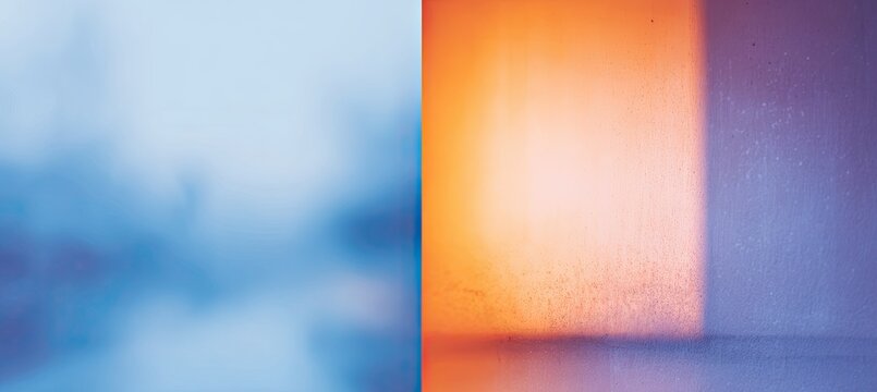 A vibrant abstract composition featuring a split view of cool blue tones transitioning into warm orange and purple hues, creating a dynamic interplay of color and light.